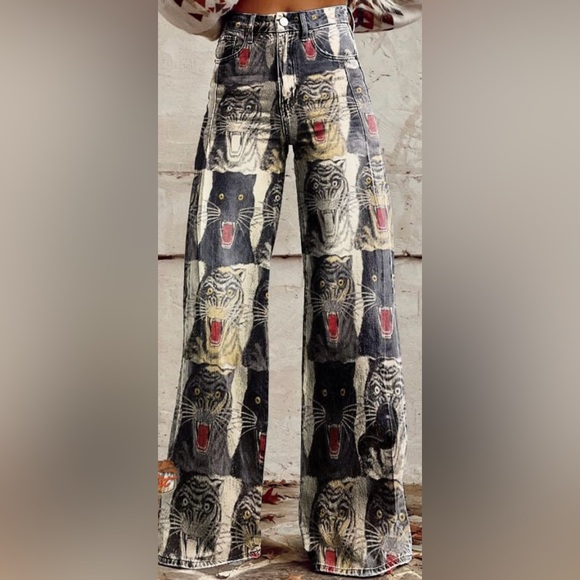 Ranch Outfit Pants - Ranch Outfit: Women's Vintage Hand Drawn Tiger Art Print Casual Wide Leg Pants